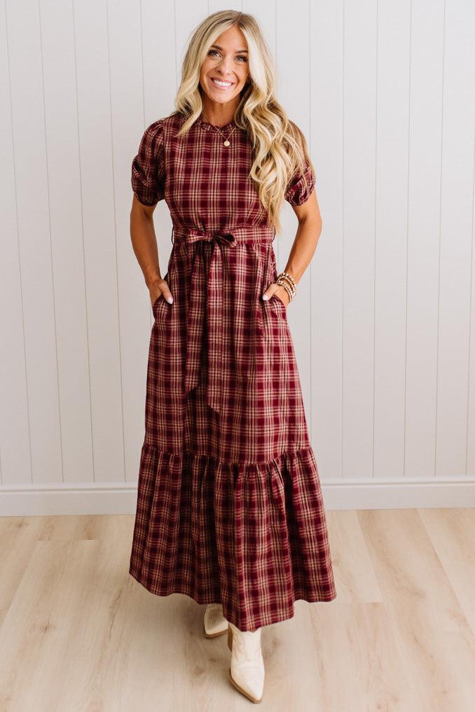 Foster plaid tie front maxi dress in Cherry Wood
