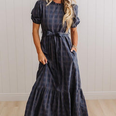 Foster plaid maxi dress Navy Storm, front