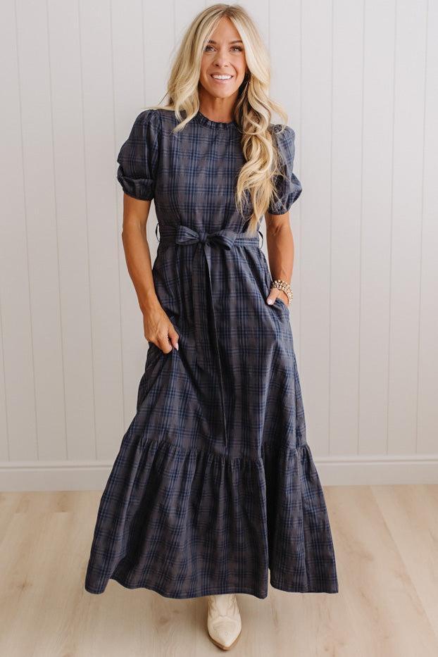 Foster plaid maxi dress Navy Storm, front
