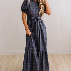 Foster plaid maxi dress Navy Storm, detail