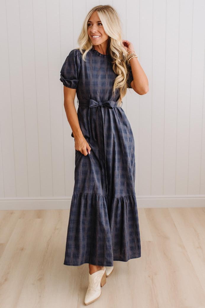 Foster plaid maxi dress Navy Storm, detail