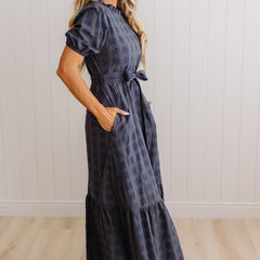 Foster plaid maxi dress Navy Storm, back