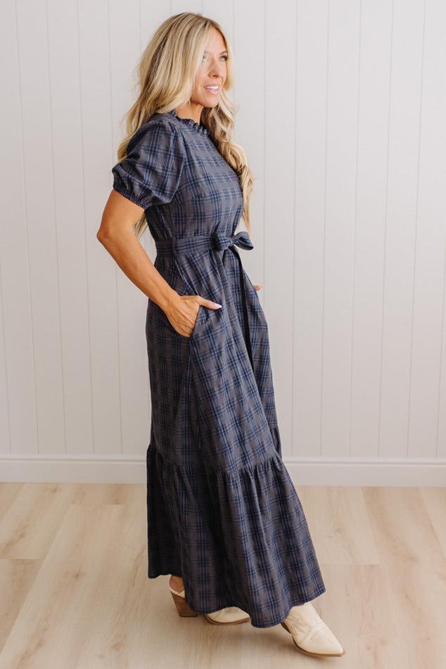 Foster plaid maxi dress Navy Storm, back