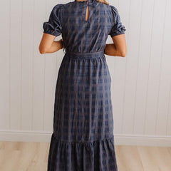 Foster plaid maxi dress Navy Storm, side