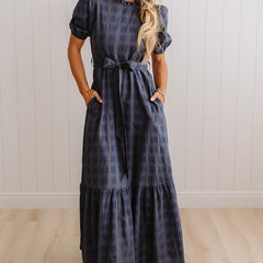 Foster plaid tie front maxi dress in Navy Storm