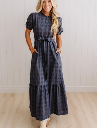 Foster plaid tie front maxi dress in Navy Storm