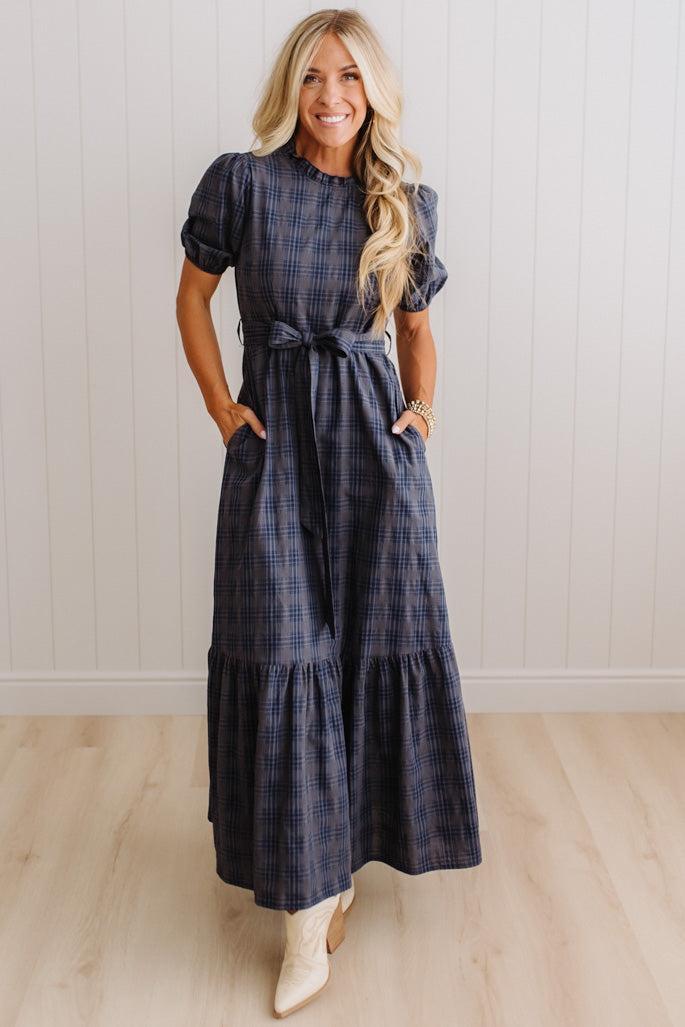 Foster plaid tie front maxi dress in Navy Storm