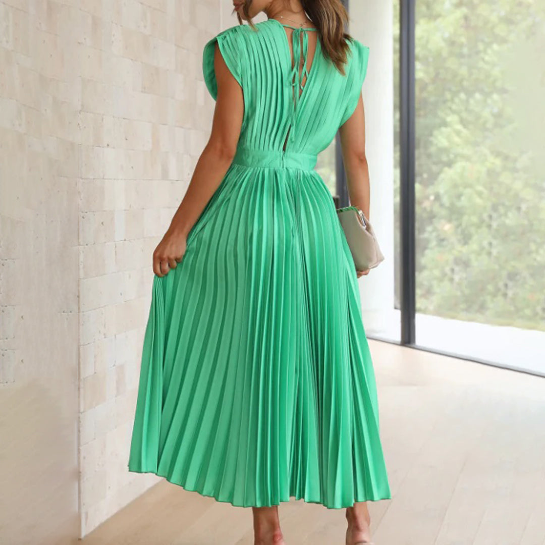 Green pleated dress side view