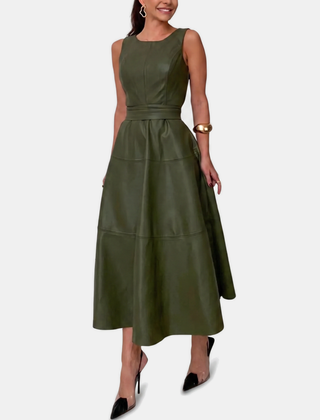 Belted faux leather A line midi dress in green
