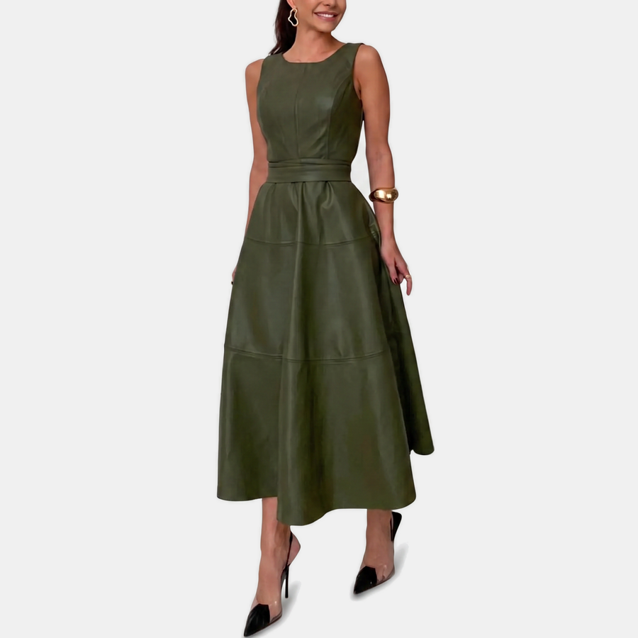 Belted faux leather A line midi dress in green