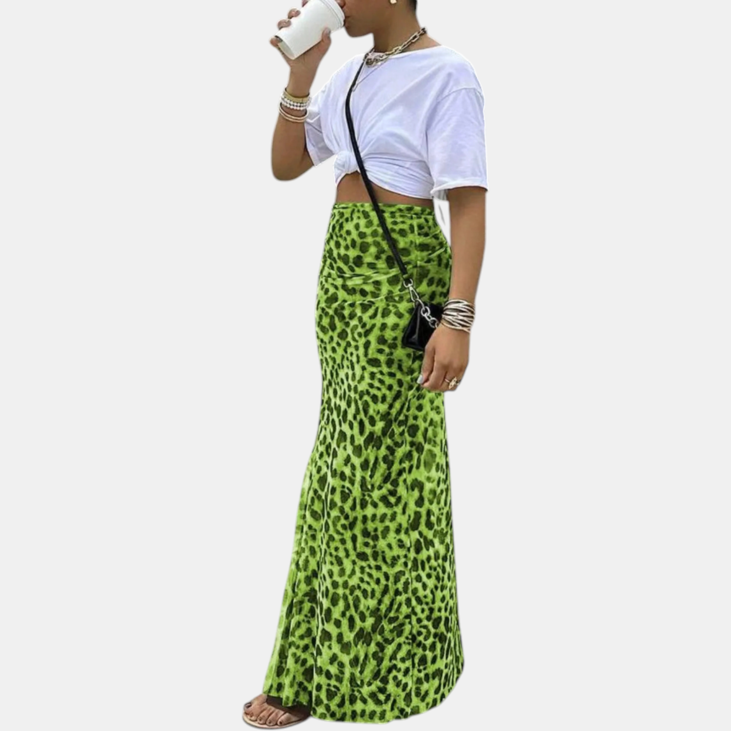 Isla high waist mesh overlay maxi skirt in green