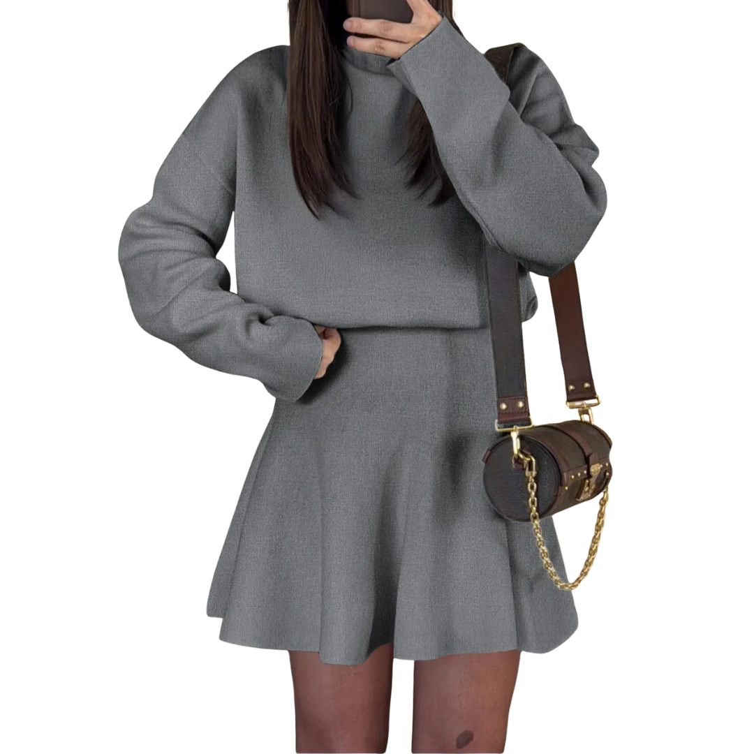 Grey long sleeve dress with flared skirt