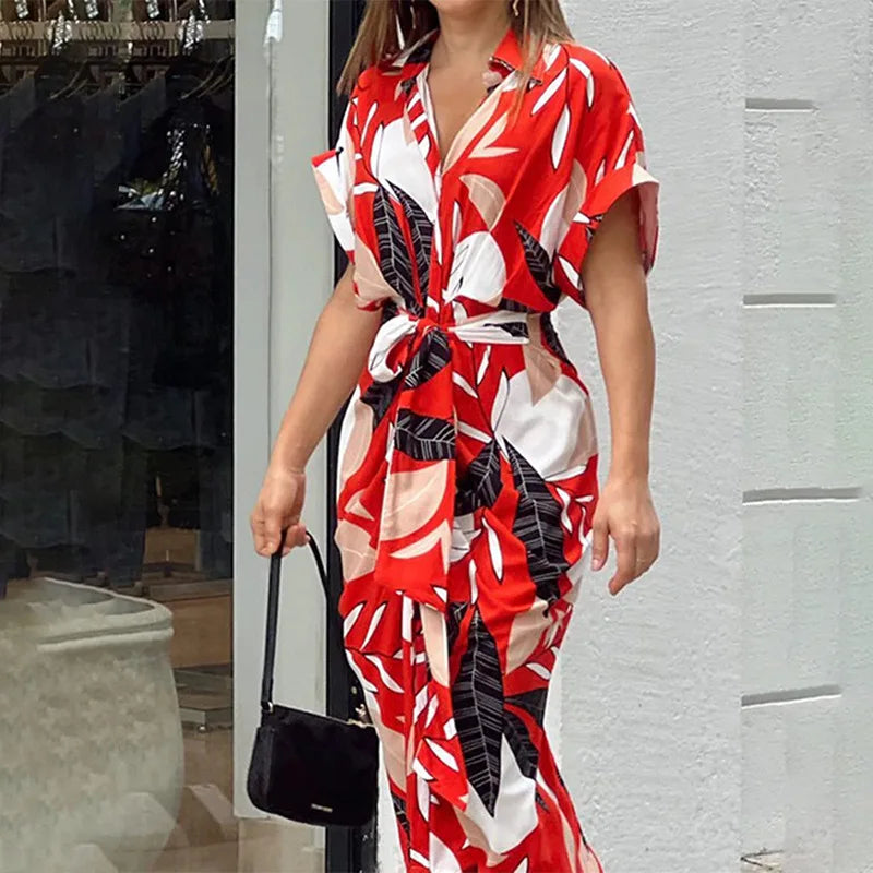 Tahlia Elegant Casual Dress, Flowy V-Neck Tie-Waist Midi Dress