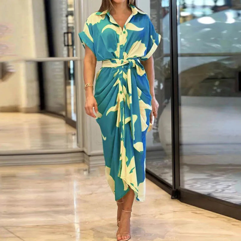 Tahlia Elegant Casual Dress, Flowy V-Neck Tie-Waist Midi Dress
