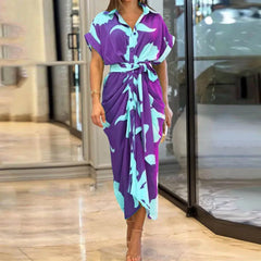 Tahlia Elegant Casual Dress, Flowy V-Neck Tie-Waist Midi Dress