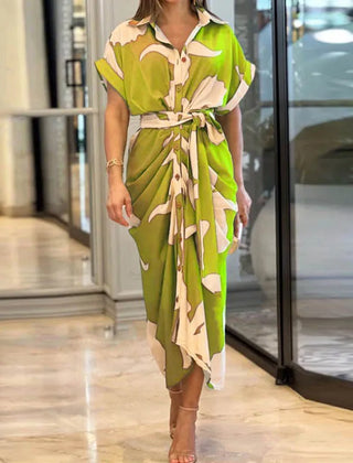 Tahlia Elegant Casual Dress, Flowy V-Neck Tie-Waist Midi Dress