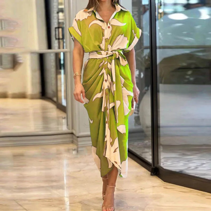 Tahlia Elegant Casual Dress, Flowy V-Neck Tie-Waist Midi Dress