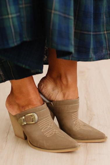 Janey Western Heeled Mules in Dark Taupe