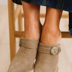 Janey Western Heeled Mules in Dark Taupe, buckle detail