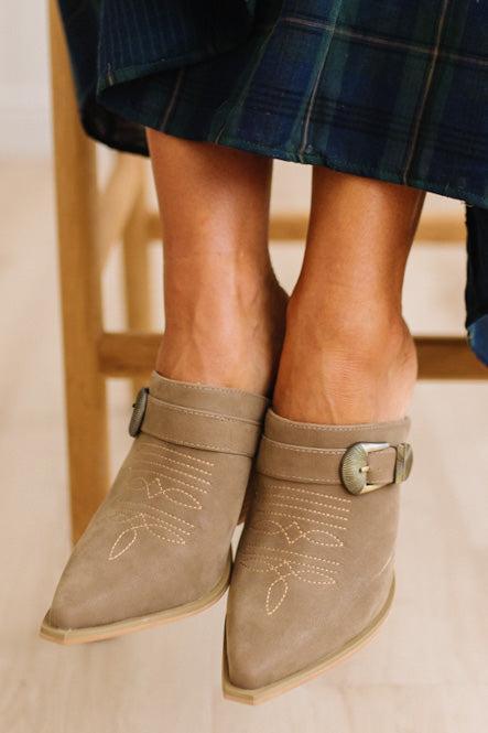 Janey Western Heeled Mules in Dark Taupe, buckle detail