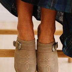 Janey Western Heeled Mules in Dark Taupe, side view