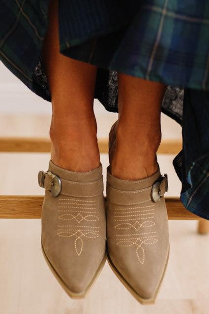 Janey Western Heeled Mules in Dark Taupe, side view