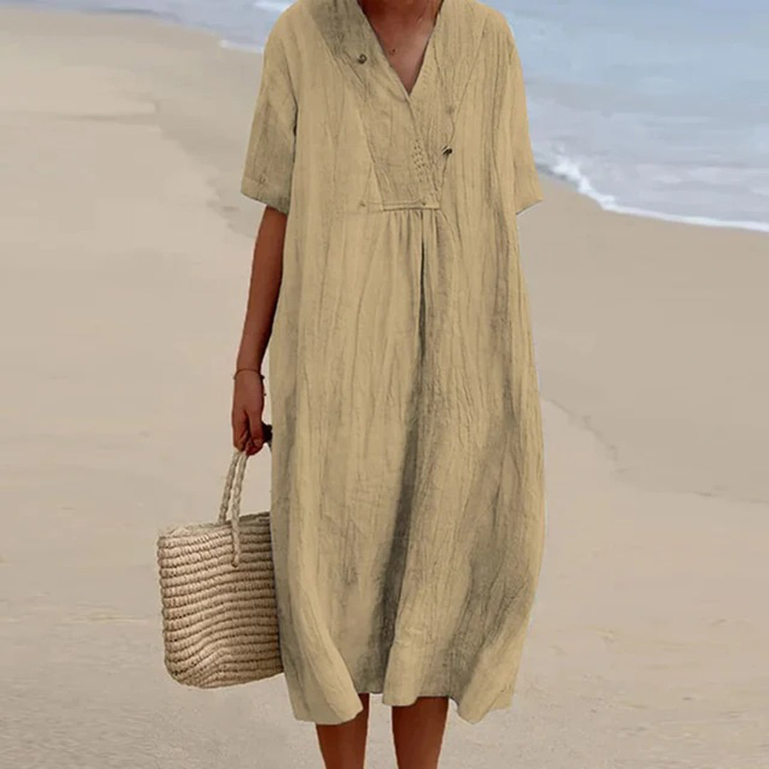 Relaxed V neck midi dress in khaki