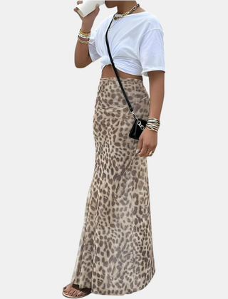 Isla high waist mesh overlay maxi skirt in light brown