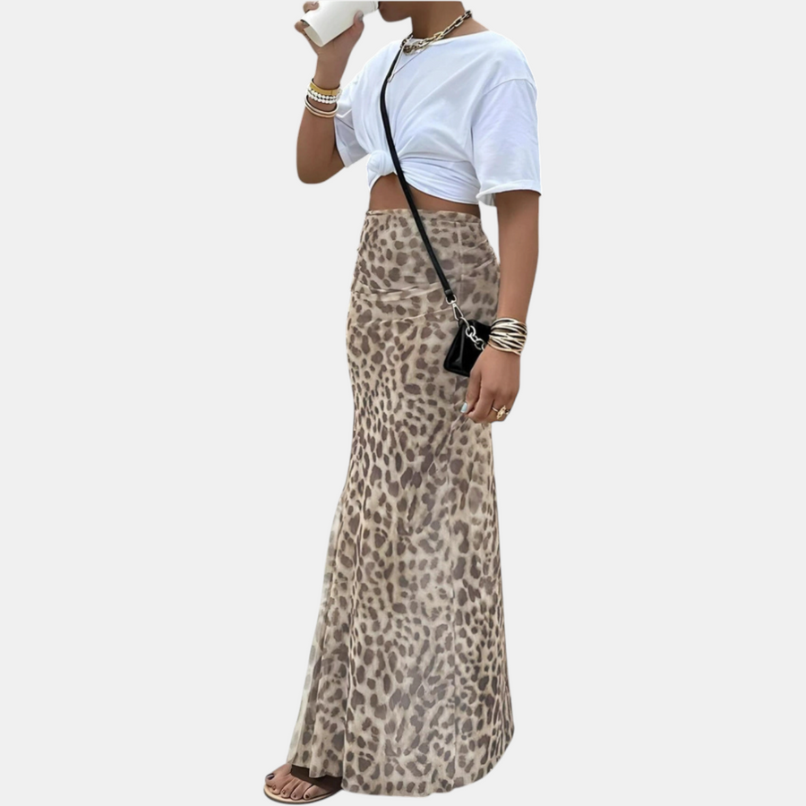 Isla high waist mesh overlay maxi skirt in light brown
