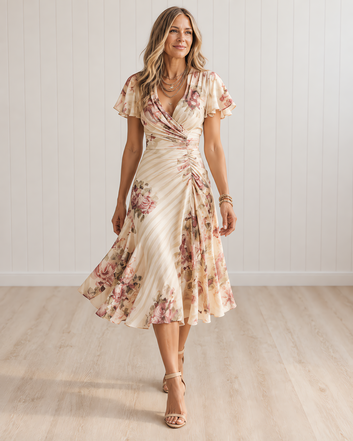 ALBA Elegant Retro Floral Midi Dress