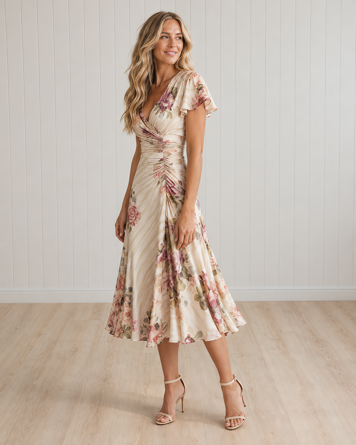 ALBA Elegant Retro Floral Midi Dress