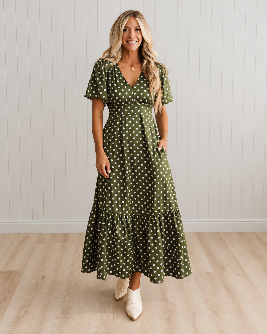 Bridget Polka Dot Maxi Dress with Flutter Sleeves and Pockets
