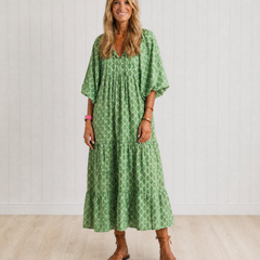 Hermione Three Quarter Sleeve V Neck Patterned Midi Dress