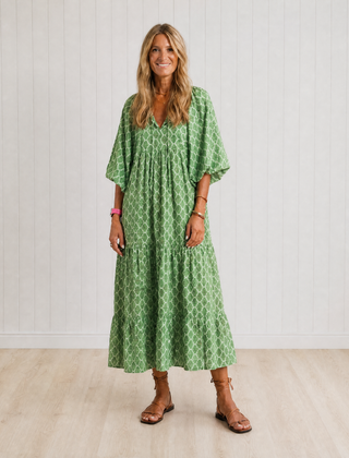 Hermione Three Quarter Sleeve V Neck Patterned Midi Dress