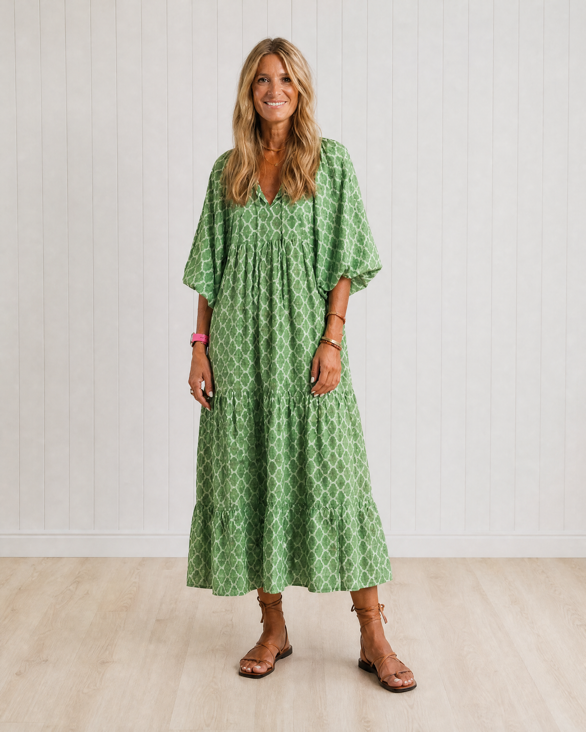 Hermione Three Quarter Sleeve V Neck Patterned Midi Dress