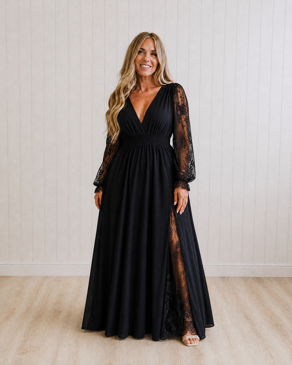 Isadora Elegant V Neck Lace Patchwork Maxi Dress with Romantic Lace Details