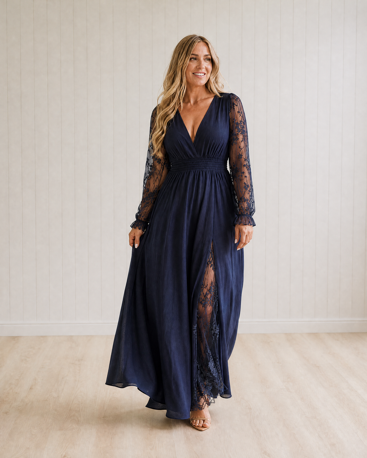 Isadora Elegant V Neck Lace Patchwork Maxi Dress with Romantic Lace Details