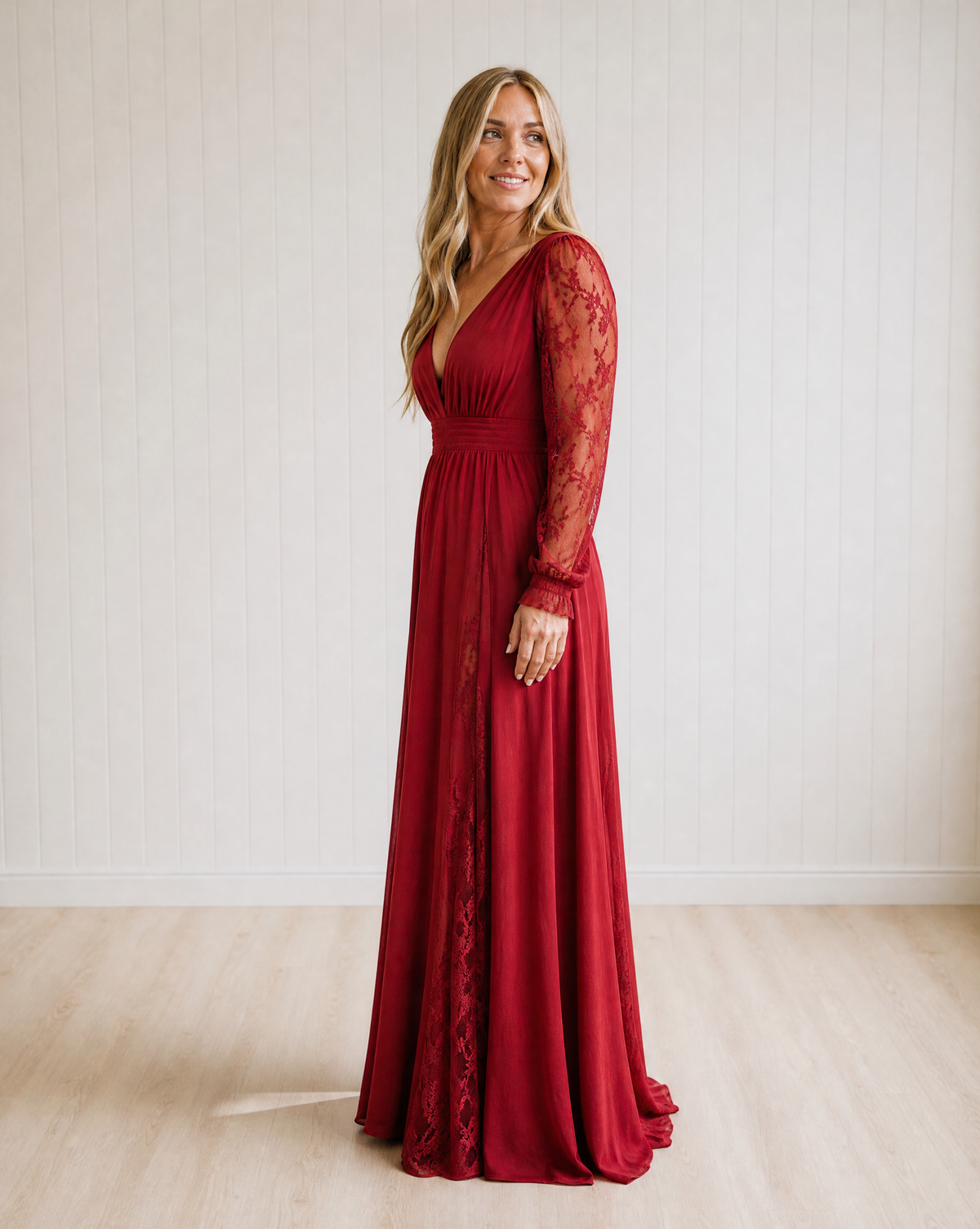 Isadora Elegant V Neck Lace Patchwork Maxi Dress with Romantic Lace Details
