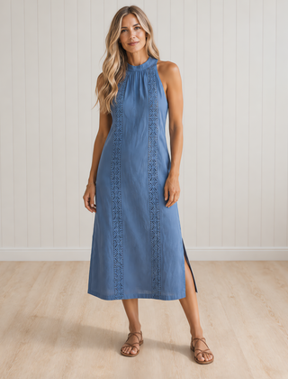 JIMENA Midi Dress with Mao Collar