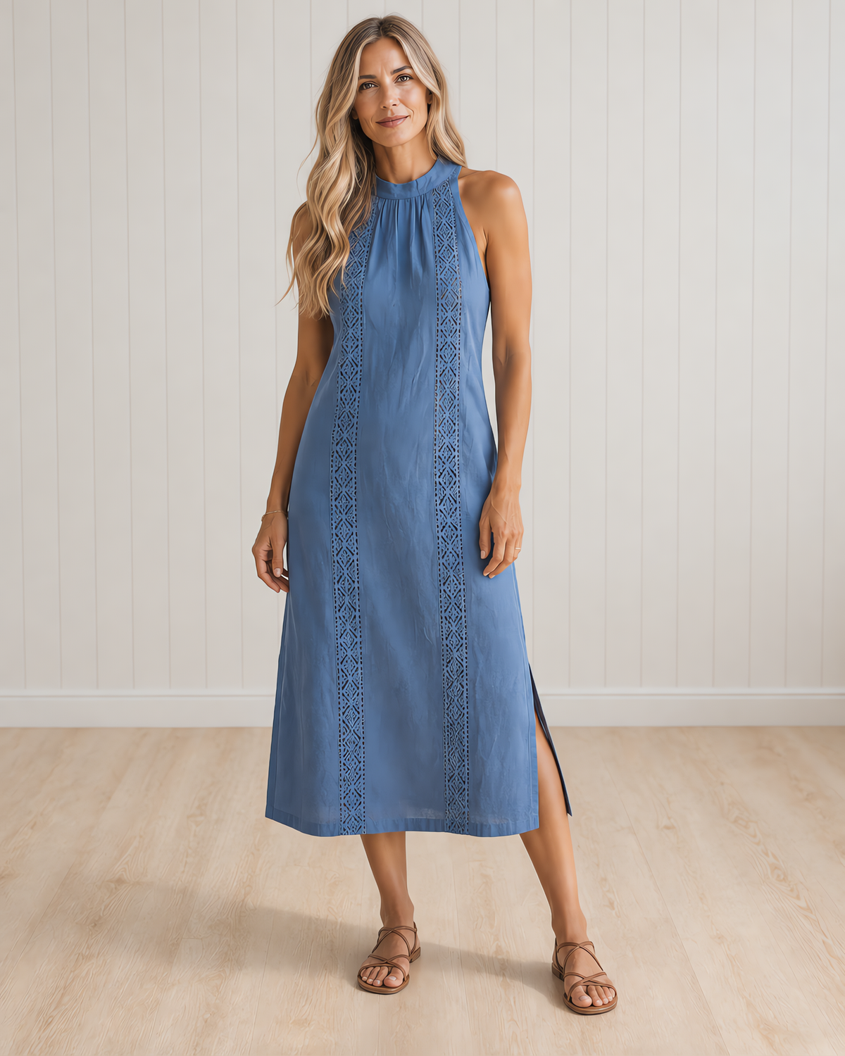 JIMENA Midi Dress with Mao Collar