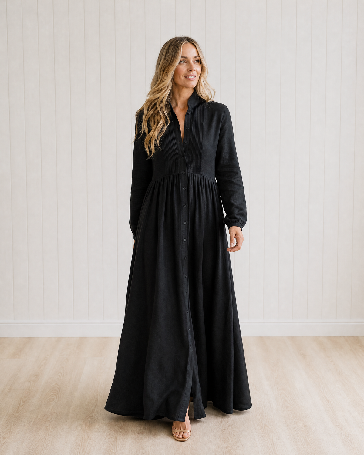 Junie Cotton Linen Patchwork Stand Collar Maxi Dress
