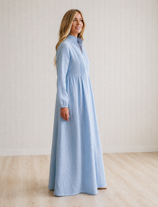 Junie Cotton Linen Patchwork Stand Collar Maxi Dress