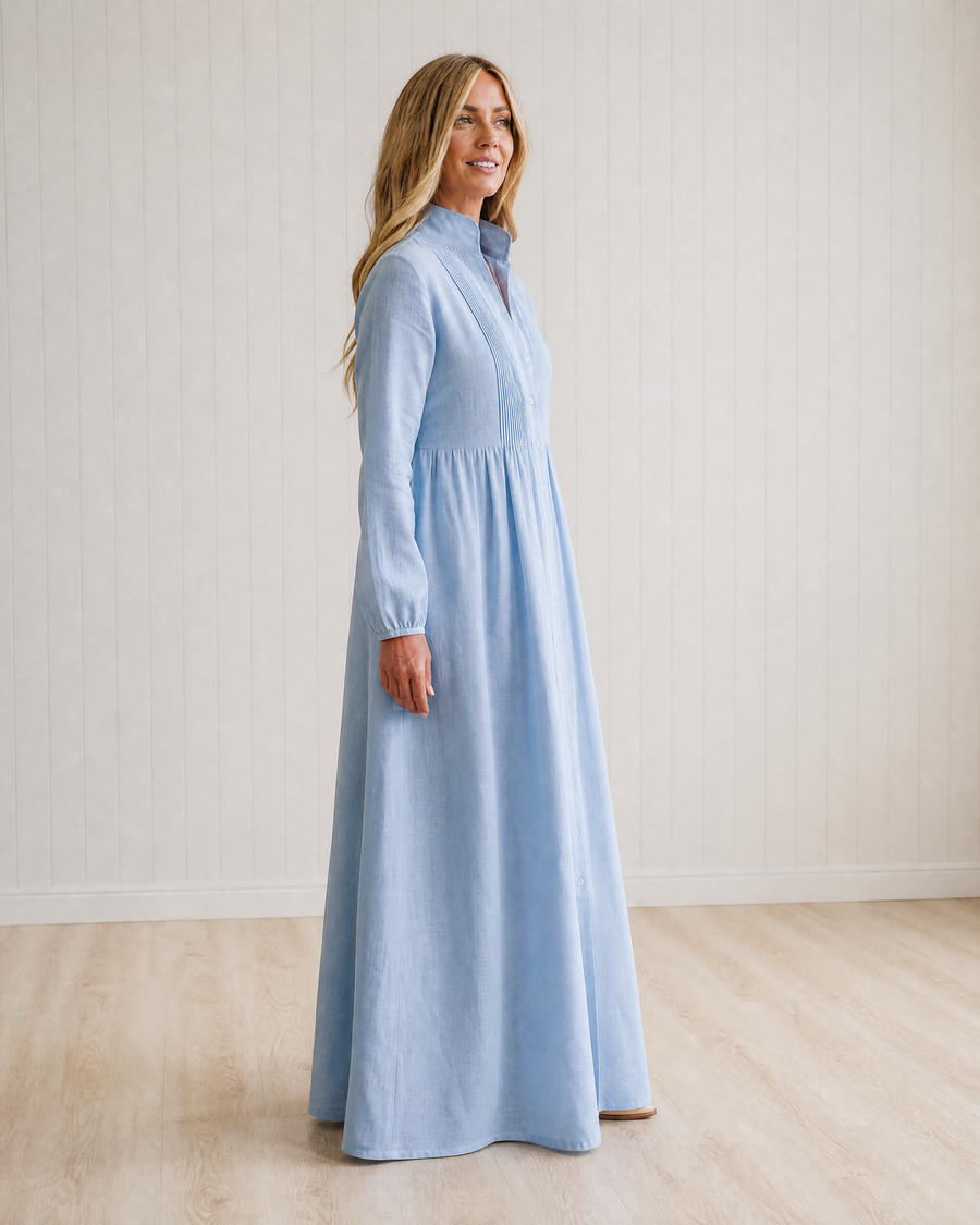 Junie Cotton Linen Patchwork Stand Collar Maxi Dress