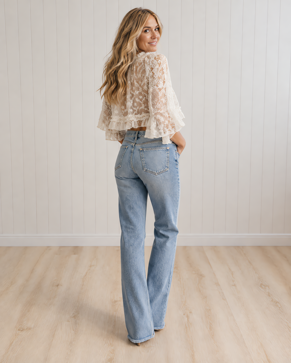 Women's Lace Hollow Out Flared Sleeve Sheer Cropped Top