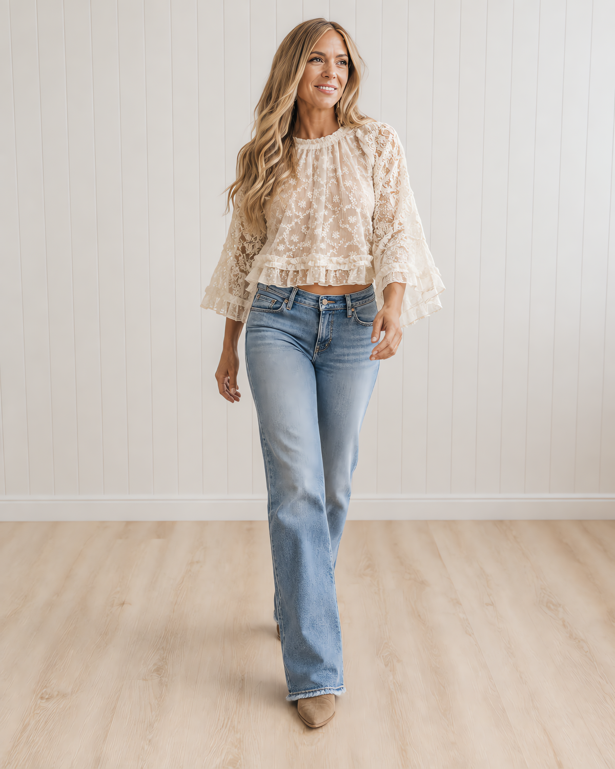 Women's Lace Hollow Out Flared Sleeve Sheer Cropped Top