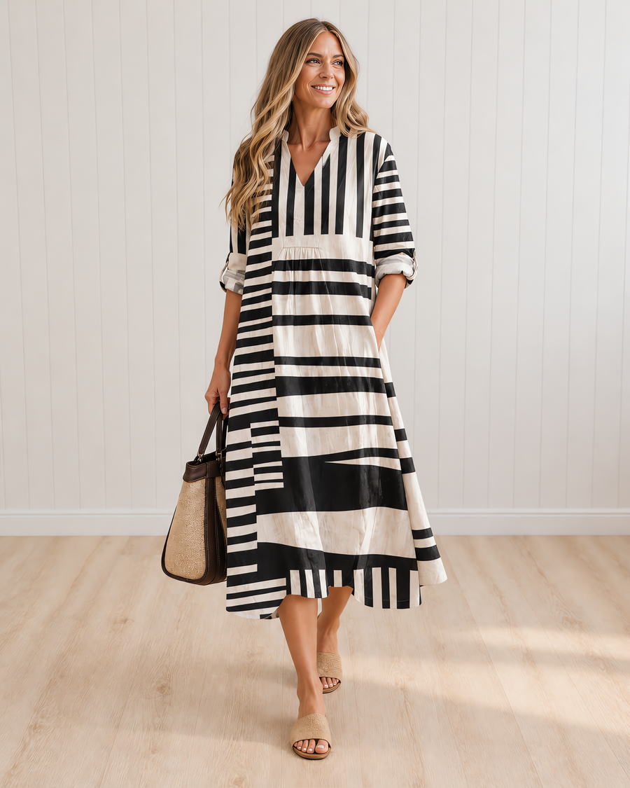 Leah Linework Striped V-Neck Dress