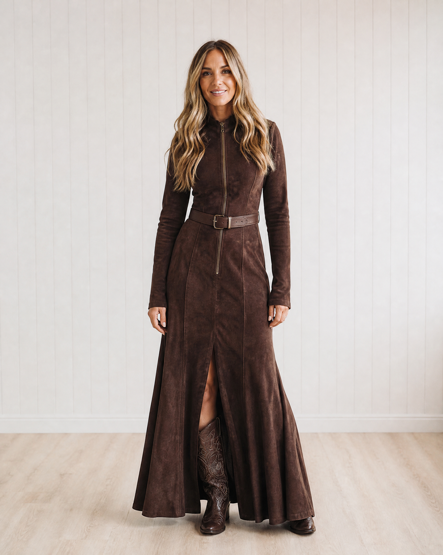 Marceline Long Brown Dress with Belt