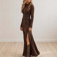 Marceline Long Brown Dress with Belt