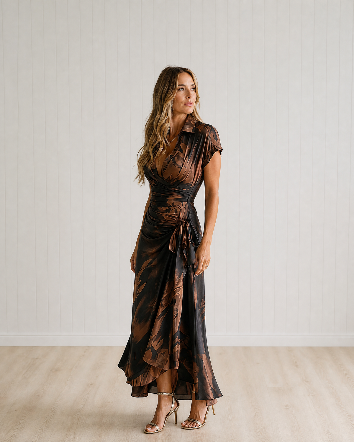 Maren Brown Black Abstract Print Wrap Midi Dress with Collared V Neck, Short Sleeves, Tie Waist and Ruffled High-Low Hem