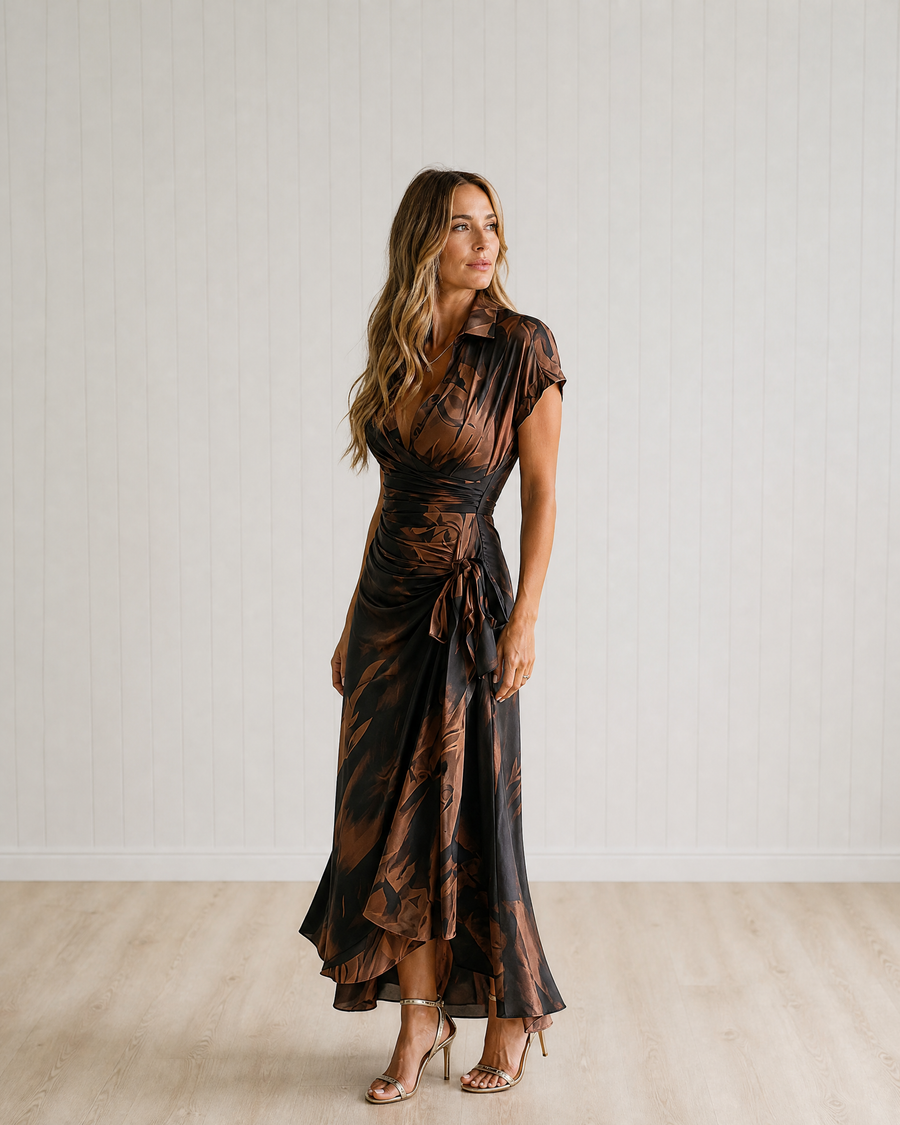 Maren Brown Black Abstract Print Wrap Midi Dress with Collared V Neck, Short Sleeves, Tie Waist and Ruffled High-Low Hem